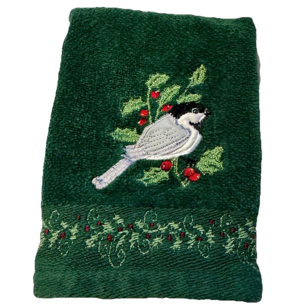 Vintage Christmas Embroidered Guest Small Hand Towel Sparrow Bird Holly Berries